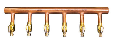 1&quot; X 1/2&quot; COPPER MANIFOLD
WITH ASSEMBLED 1/2&quot; PEX BALL
VALVE 12 OR 24 BRANCHES